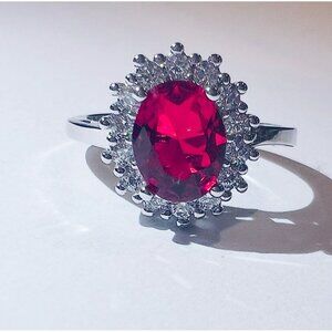 Sterling Silver Ring W/ Red CZ Center & Moissanite Halo Oval Size 8.25